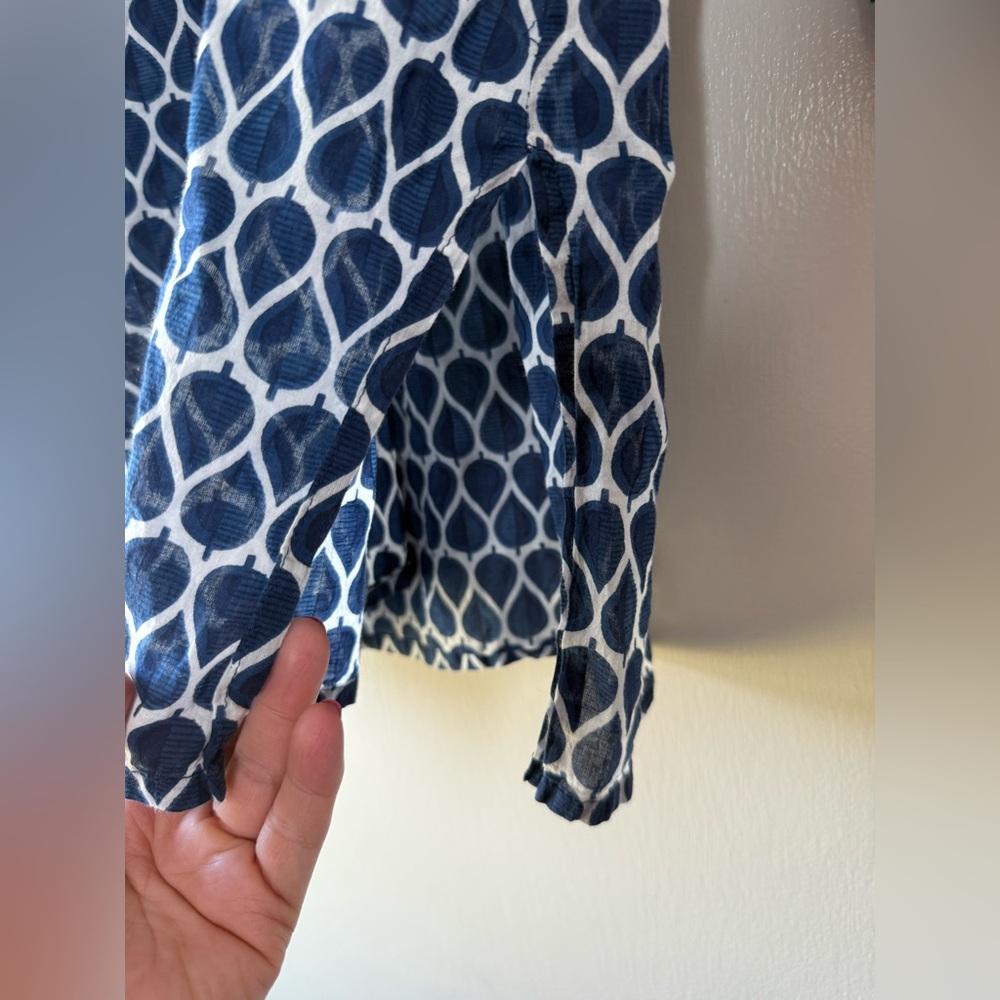 Dolma Block Print 100% Cotton Blouse Navy Blue White Teardrop Boho Chic Coastal - Picture 4 of 6